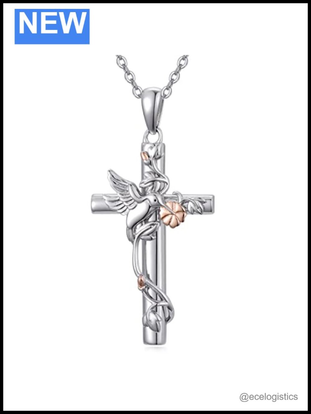 925 Sterling Silver Hummingbird Cross Pendant Necklace 18+2in